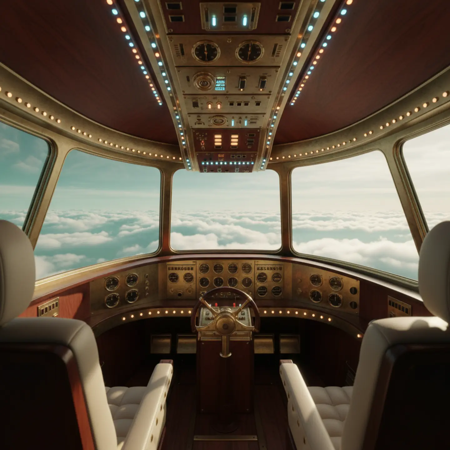 A retro-futuristic airplane cockpit looking out into a serene high-altitude sky with glowing instruments.